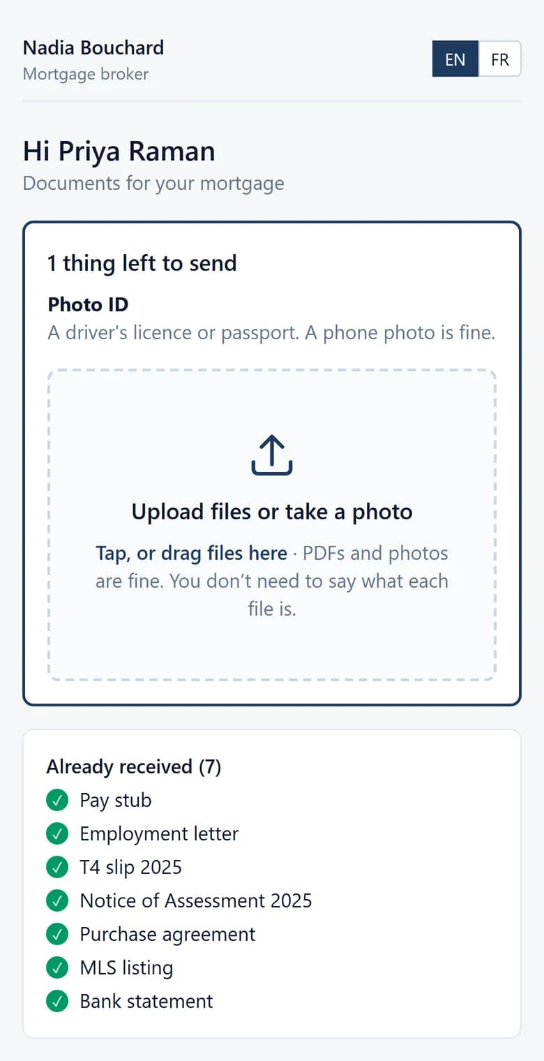 The client's upload page on a phone, listing the one document still needed and an area to add files.
